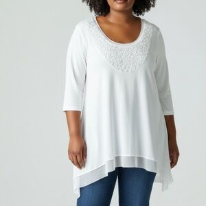 Casual Express Pearl Ivory Ribbon‎ Ruffle 3/4 Sleeve Tunic Size XL